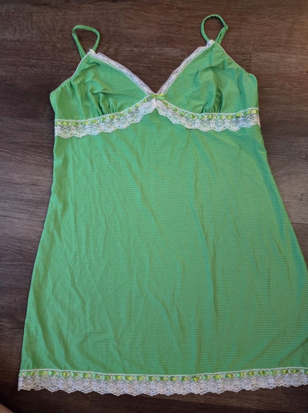 Vintage 90s Y2K Lime Green BabyDoll Lace and Ribbon Slip Dress Nightie size L